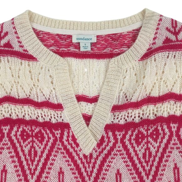 Sundance Brixen Fair Isle V-Neck Sweater Size M Wool Blend Pointelle Pink White - Picture 13 of 16